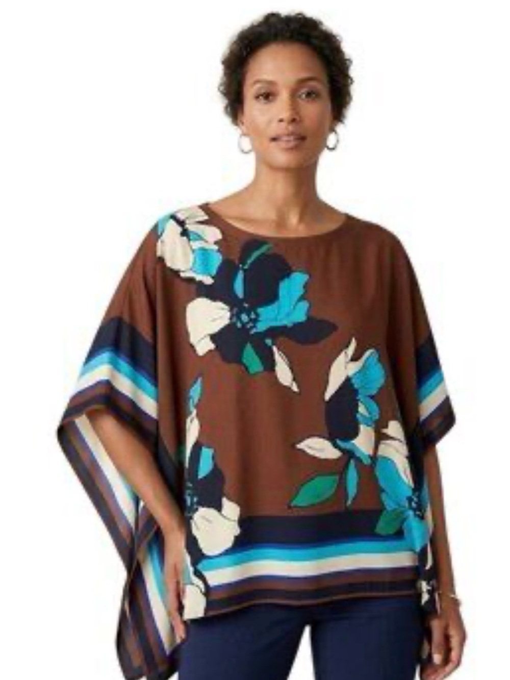 Chico's Brown Floral-Print Poncho Top with Blue Accents